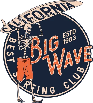 Hình ảnh bộ xương cầm ván lướt sóng, mặc quần cam, với logo Big Wave Surfing Club.