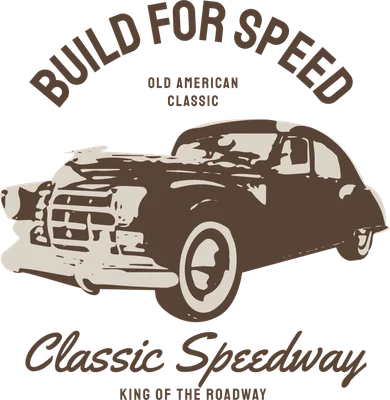 Hình minh họa xe hơi cổ điển Mỹ màu nâu và kem với chữ 'Build For Speed' trên nền xám.