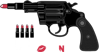 Hình minh họa súng revolver màu đen với son môi đỏ thay nòng súng, kèm 4 thỏi son và chữ 'BEST WEAPON OF A WOMAN'.