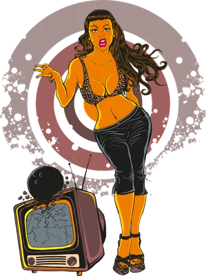 Hình vẽ minh họa cô gái phong cách pin-up bên cạnh chiếc TV cũ bị vỡ và bóng bowling.