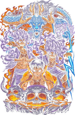 Hình ảnh minh họa Luffy và Kaido Rồng trong One Piece, với hiệu ứng sức mạnh và đầu lâu.