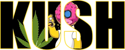 Hình ảnh chữ KUSH với nhân vật Homer Simpson đang ăn bánh donut và lá cần sa bên trong.