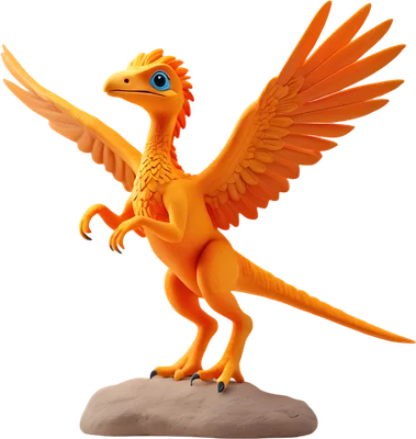 Hình ảnh 3D một chú khủng long Raptor có cánh màu cam rực rỡ, mắt xanh biếc, đang đứng trên tảng đá.