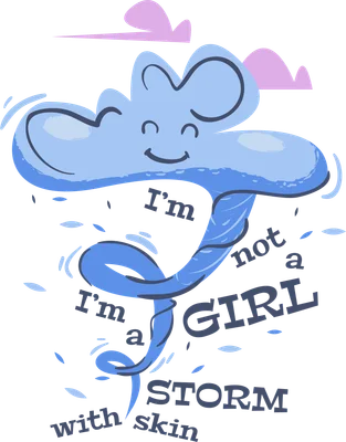 Hình ảnh hoạt hình đám mây xanh xoáy tròn với khuôn mặt cười, có chữ "I'm not a girl with skin"