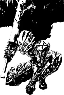 Hình vẽ chiến binh Guts trong bộ giáp Berserker cầm đại kiếm, phong cách đen trắng.