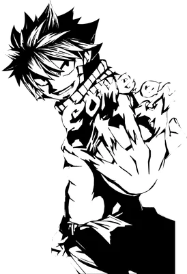 Hình ảnh Natsu Dragneel từ Fairy Tail với dòng chữ "Come On" trên khăn choàng, phong cách vẽ đen trắng.