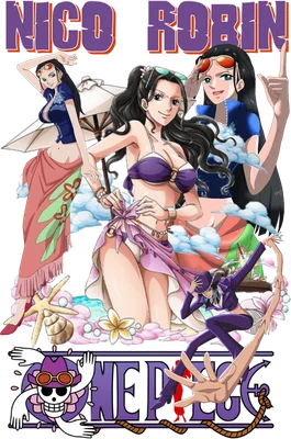 Nhiều hình ảnh Nico Robin từ One Piece, mặc bikini và trang phục công sở, cùng logo One Piece.