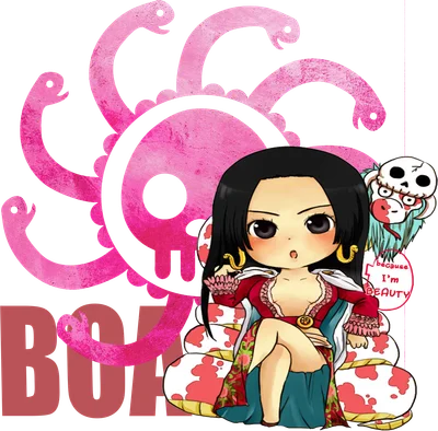 Hình ảnh chibi Boa Hancock ngồi trên rắn, với biểu tượng hoa văn màu hồng phía sau.