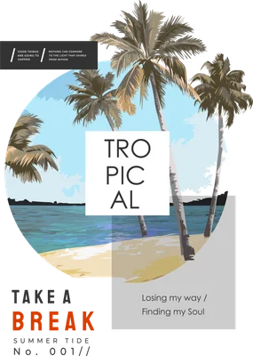 Thiết kế đồ họa phong cách nhiệt đới với cây dừa, bãi biển và typography hiện đại