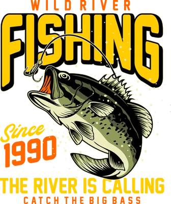 Thiết kế đồ họa cá vược đang cắn câu với dòng chữ Wild River Fishing phong cách vintage