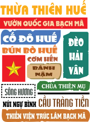 Hình ảnh typography tổng hợp các địa danh, món ăn đặc trưng của Huế như Cố đô Huế, Bún Bò Huế, Chùa Thiên Mụ, Cầu Tràng Tiền.