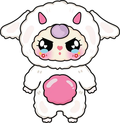 Hình minh họa chibi một chú cừu trắng giận dỗi với đôi mắt to tròn long lanh nước mắt, má hồng và trái tim nhỏ.