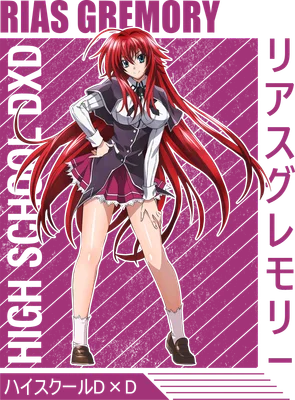 Hình ảnh Rias Gremory, nhân vật anime với mái tóc đỏ dài, mắt xanh, mặc đồng phục học sinh, đứng tạo dáng.