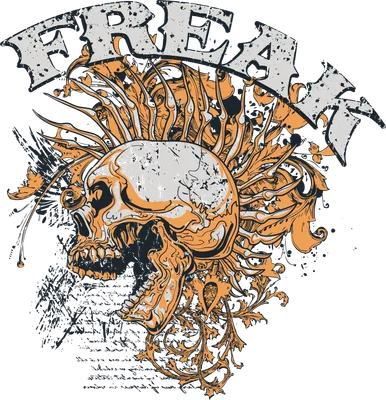 Hình minh họa đầu lâu phong cách punk rock với chữ FREAK, họa tiết hoa văn trang trí, màu cam và xám