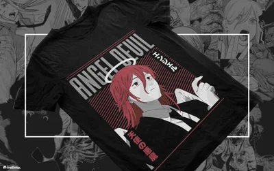 Hình in chuyển nhiệt nhân vật Angel Devil tóc đỏ từ anime Chainsaw Man trên áo thun đen.