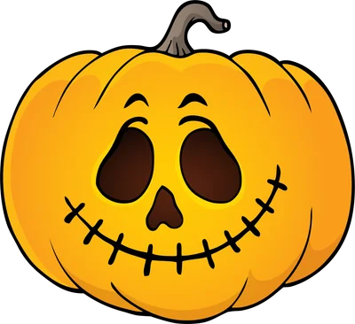 Hình minh họa bí ngô Halloween màu vàng cam với khuôn mặt cười khâu vá, mắt và mũi tối màu.