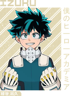 Hình vẽ nhân vật Izuku Midoriya với mái tóc xanh lá, đeo mặt nạ, cười tươi, trang phục anh hùng.